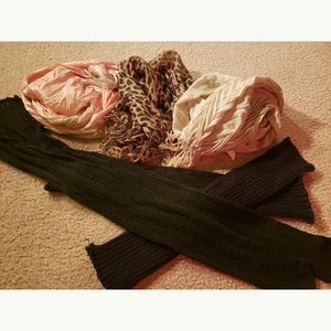 Three lightweight scarves and two leg warmers